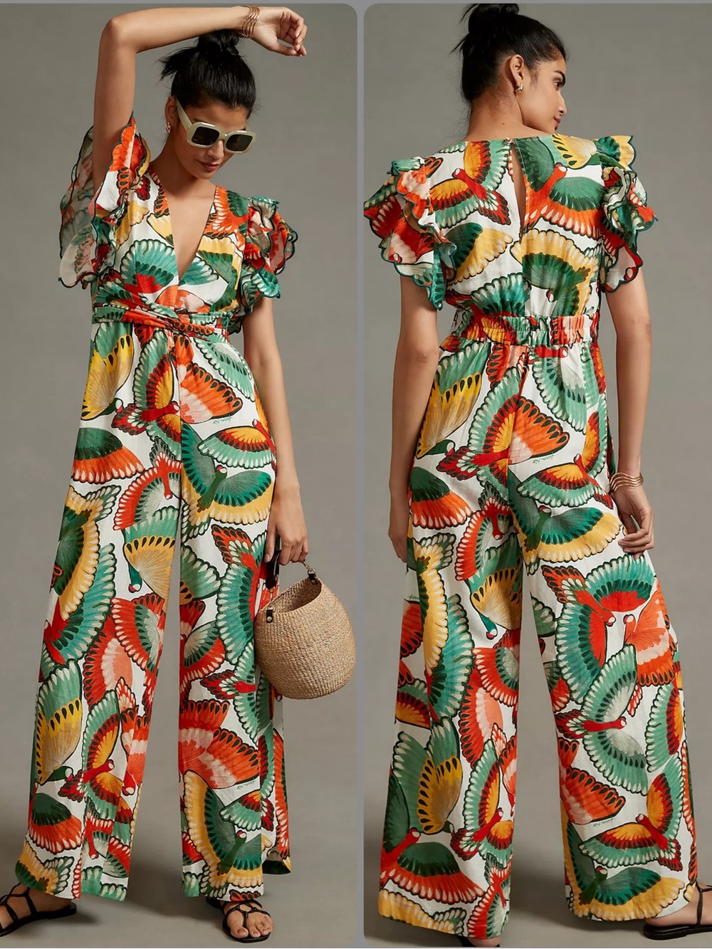 FARM Rio Linen/Viscose Ruffle Sleeves Elastic Waist Wide-Leg Jumpsuit NWT $238